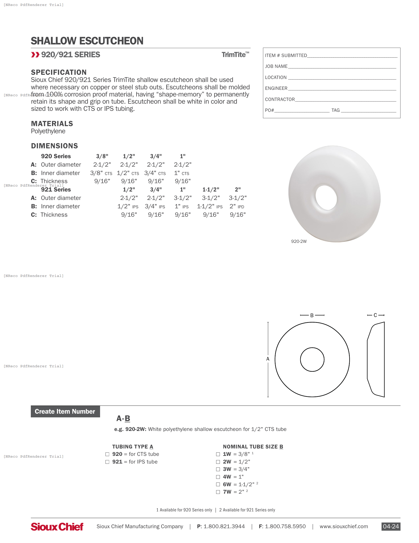 920 & 921 SERIES - TRIMTITE ESCUTCHEON - SPEC SHEET.PDF Specification Document